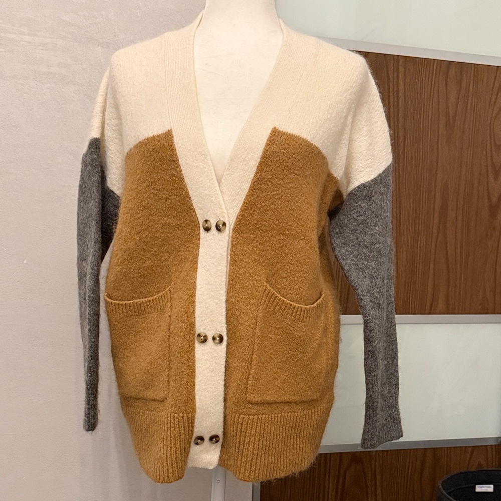 Madewell Colorblock Wool-Blend Cardigan in Cream, Mustard & Gray
